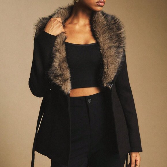 Black Elegant Women's Tie-Front Coat with Faux Collar - Picture 4 of 9